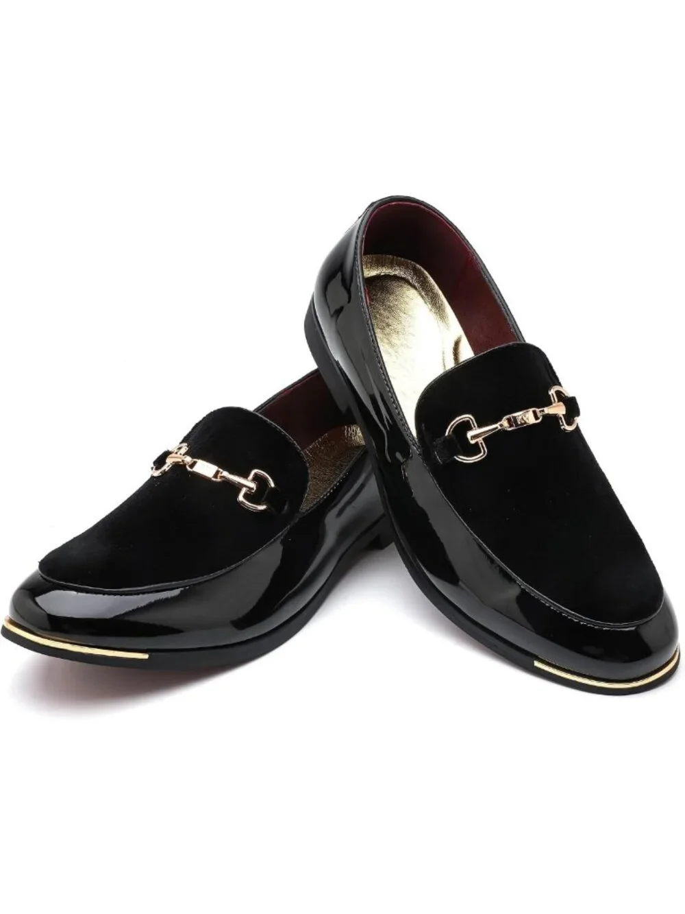 Men's Luxury Velvet & Patent Leather Loafers with Gold Buckle - Dress Shoes 7-13